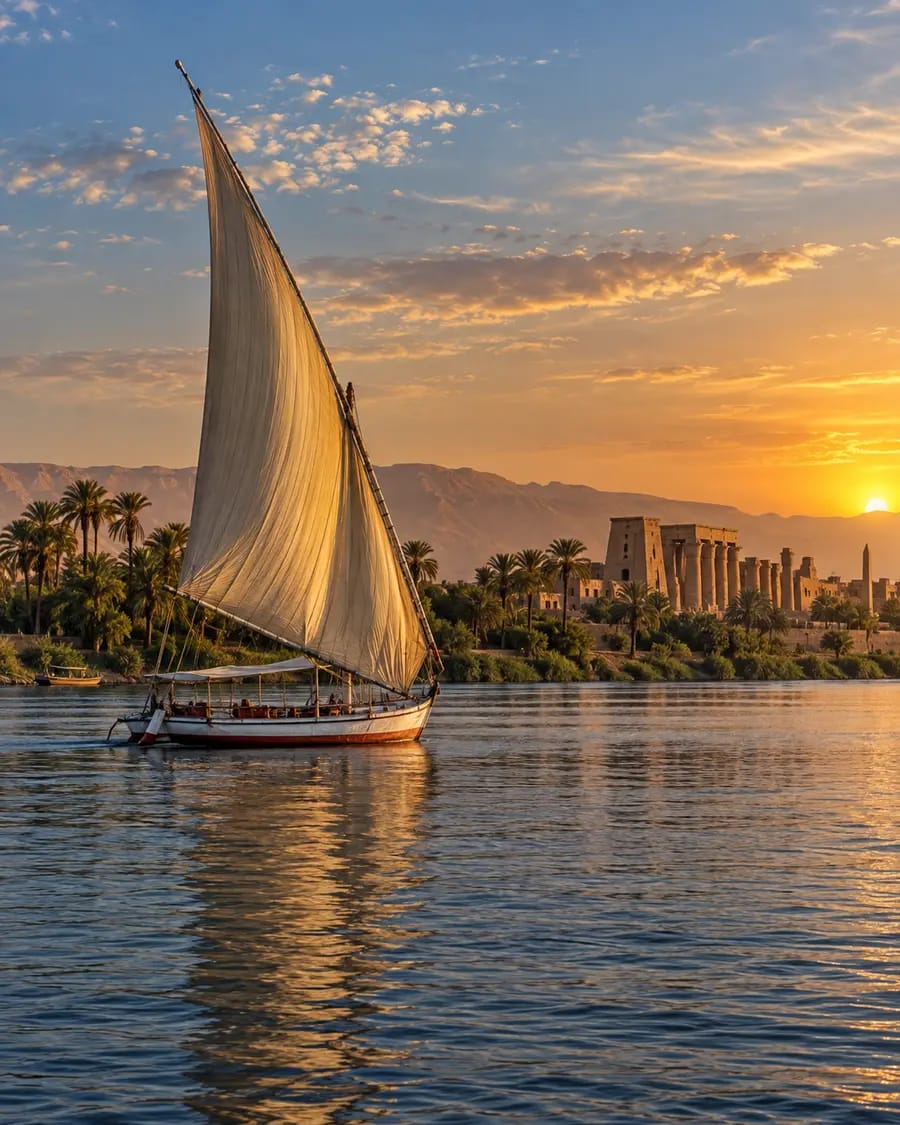 A felucca on the Nile at Luxor at sunset